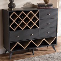 Baxton Studio SEWC16003WI-Dark Grey/Hana Oak Savino Mid-Century Modern Dark Grey and Oak Finished Wood Wine Cabinet